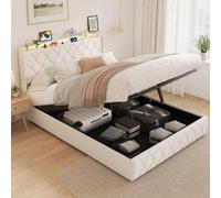 Letto baule idraulico 160 x 200 cm con LED e USB, testiera con spazio