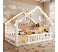 Letto Casetta per Bambini 140x200cm con Rete a doghe, Montessori Letto a Terra con Testiera Contenitore, Struttura letto in Legno Pino, Cameretta Ragazzi, Senza Materasso