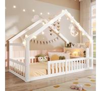 Letto Casetta per Bambini 90x200cm con Rete a doghe, Montessori Letto a Terra con Testiera Contenitore, Struttura letto in Legno Pino, Cameretta Ragazzi, Senza Materasso