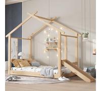 Letto Casetta per Bambini Ragazzi 90x200 cm, con Scivolo e Lavagna Bianca Scrivibile, Letto a Forma di Casa, Montessori letto a Terra Bambini, Struttura letto in Legno Massiccio(Senza Materasso)