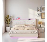 Letto cassapanca 160 x 200 cm con LED e porte USB, letto matrimoniale con contenitore idraulico, letti imbottiti con rete a doghe e testata, senza materasso, velluto, bianco