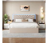 Letto cassetti, 140 x200 cm, letto matrimoniale, con 4 cassetti, letto imbottito 140x200 cm con LED regolabile, letti contenitori senza molle, testiera regolabile in altezza, Lino (Beige, 140cm)