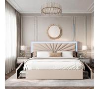 Letto cassetti,160x200cm, letto matrimoniale,con 4 cassetti, letto imbottito con contenitore,letti contenitori senza molle con LED regolabile,Testiera regolabile in altezza, Lino (Beige, 160x200)