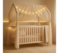 Letto completo ELLA 60 x 120 cm, in legno massello di pino bianco, design letto a casa, regolabile in altezza, con pioli, decorazione e catena luminosa, materasso opzionale (bianco - beige + materasso