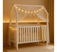 Letto completo ELLA 60 x 120 cm, in legno massello di pino bianco, design letto a casa, regolabile in altezza, con pioli, decorazione e catena luminosa, materasso opzionale (bianco - bianco +