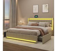 Letto con contenitore 180x200 con LED, letto imbottito con 4 cassetti, letto imbottito con porte di ricarica USB e Type-C sul comodino, letto matrimoniale imbottito per 2 persone (Beige+lino-A