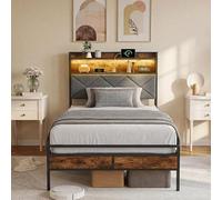 Letto con rete a LED e USB, letto singolo imbottito, testiera imbottita con ripiani aperti e portaoggetti nascosto, telaio letto 1 posto per ragazzo e bambini (colore legno, 90 x 200 cm)
