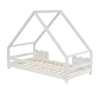Letto con telaio in legno con ringhiera di protezione e struttura del tetto in legno naturale, stabile per dormire con rete a doghe, design curato con linee chiare per zona notte e parco giochi