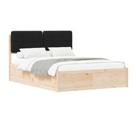 Letto con Testiera Rivestita Nero 135 x 190 cm Pino massello Solid Wood Bed Frame with Upholstered Headboard, Queen Size Platform Bed with Slatted Base, Easy Assembly, Durable for Bedroom, Black