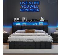 Letto contenitore 140 x 190 con spazio di archiviazione e LED matrimoniale con doghe letto matrimoniale con funzione di ricarica USB letti imbottiti (senza materasso) (PU Noir, 140 x 190 cm)
