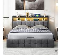 Letto contenitore 140 x 190 con spazio di archiviazione e LED matrimoniale con doghe letto matrimoniale con funzione di ricarica USB letti imbottiti (senza materasso) (Le lin Gris, 140 x 190 cm)
