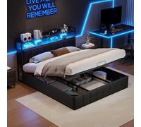 Letto contenitore 140 x 200 con spazio di archiviazione e LED matrimoniale con doghe letto matrimoniale con funzione di ricarica USB letti imbottiti (senza materasso) (PU Noir, 140 x 200 cm)