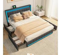 Letto contenitore 140x190 con Led, LETTO capitonné con 4 cassetti, letto imbottito con porte di ricarica USB e Type-C sul comodino, letti matrimoniali imbottiti, letti per 2 persone (grigio scuro+lino