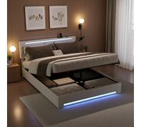 Letto contenitore 140x190cm con rete a doghe LED e USB, letto matrimoniale con multipresa e funzione di contenitore idraulico, testiera regolabile in altezza, materasso non incluso