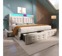 Letto Contenitore 140x200含 Cotone e Lino, LED-Capitale e Porta USB C, 4 Cassetti di Stoccaggio, Letto con Rete a Doghe in Legno e Metallo, Letto Salvaspazio per Camera da Letto e Appartamento, Beige