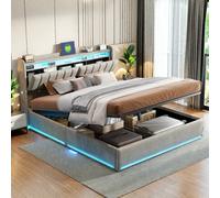 Letto contenitore 160 x 200 cm con illuminazione a LED e porte USB, letto idraulico con ripiani aperti e vano contenitore nascosto nella testiera imbottita, letto matrimoniale con doghe in legno,