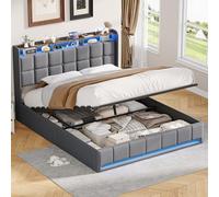 Letto contenitore 160x200 con LED e USB, letto matrimoniale imbottito idraulico con ripiani aperti nella testiera imbottita, letti 160x200 con rete, letti matrimoniali per adulti e adolescenti, lino