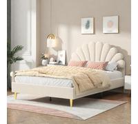 Letto da bambina 140 x 200 cm, letto matrimoniale per ragazzi con rivestimento in tessuto di velluto, struttura del letto con testiera a forma di fiore e rete a doghe beige, senza materasso (beige)