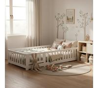Letto da pavimento 90 x 200 cm con laterale Montessori, lettino per bambini con protezione anti-caduta e porta, con rete a doghe, Toddler Bed, per ragazzi e ragazze, in legno di pino massiccio, bianco
