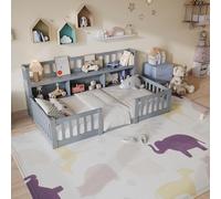 Letto da pavimento per bambini 90 x 200 cm con protezione contro le cadute, letto per la casa Montessori, lettino per bambini 90 x 200 cm, lato con 2 librerie, moderno telaio letto in legno, letto