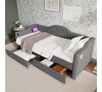 Letto Daybed Contenitore in Tessuto Linen, con USB Type-C e 2 Cassetti, Design Trapuntato Vintage, Letto Divano Salvaspazio, Letto con Cassetti, per Camera da Letto e Soggiorno, Grigio, 90x200cm