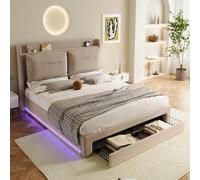 Letto di illuminazione a LED imbottito 140 x 190, letto idraulico, cassetti 2 in 1 all'estremità del letto, strisce LED integrate su entrambi i lati, rete a doghe, senza materasso, beige