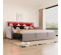 Letto Divano Imbottito 90x190 in Velluto con Testiera con Vani Contenitori, Striscia LED e Prese di Ricarica, Letto Estraibile, Design Salvaspazio per Camera da Letto e Appartamento, Grigio Chiaro