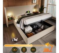 Letto Doppelbett 160x200 in Legno Massiccio con Comodino e Luce Lettura USB Type-C Stauraumbett Beige Tessuto