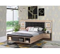 Letto Forte Sirius Crown + 2 cassettiere da notte con 1 anta e 2 cassetti, in legno Comano, prugna e segno nero, 247 x 119,7 x 224,7 cm (L x A x P)