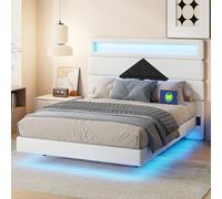 Letto galleggiante, LIt 140 x 190 cm con illuminazione a LED, letti matrimoniali imbottiti con 2 porte USB, telaio letto con rete a doghe, letti 2 persone con testiera, moderno (Beige+Nero, 140×190)