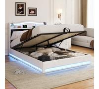Letto idraulico 140 x 200 con rete LED e USB, letto matrimoniale imbottito 140 x 200 cm testiera per riporre oggetti, telaio letto capitonnato letto matrimoniale per adulti e adolescenti (Beige-7, 140