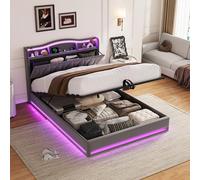Letto idraulico 160 x 200 con rete LED e USB, letto matrimoniale imbottito 160 x 200 cm testiera per ripostiglio, telaio letto capitonnato letto matrimoniale per adulti e adolescenti (grigio-7, 160 x