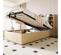 Letto idraulico in legno, 90 x 200 cm, con stazione di ricarica USB-C integrata, testata multispazio di archiviazione e idraulica, letto singolo per ragazzi, testiera imbottita (senza materasso)