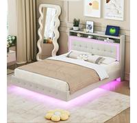 Letto Imbottito 140*200/160cm*200cm, Con Presa Usb E Luce Led, Il Può Essere Posizionato Nella Testata Del Letto, Design Del Piede Nascosto, Matrimoniale Piatto, Tessuto Di Lino (Beige, 140cm*200cm)