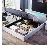 Letto imbottito 140 x 190 cm, a LED, con rete a doghe e vano portaoggetti, testiera illuminata, in similpelle bianca