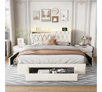 Letto imbottito 140 x 190 cm con testiera a LED, 3 pratici cassetti, con vano portaoggetti, letto per ragazzi, letto con rete a doghe, letto matrimoniale funzionale, in velluto beige, senza materasso