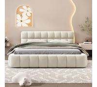 Letto imbottito 140 x 190 cm, letto matrimoniale con cassetta, letto a bolle con rete a doghe e testiera imbottita, letto per gli ospiti, letto piano, in lino beige, senza materasso (beige, 140 x 190