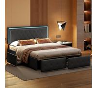 Letto imbottito 140 x 200 cm con 4 cassetti, letto 2 persone con LED, letto imbottito per adulti, testiera con fascia luminosa regolabile, letto imbottito in PU 140 x 200 con ripostiglio (nero, 140 x