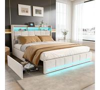 Letto imbottito 140 x 200 cm, con 4 cassetti, letto matrimoniale con porta di ricarica USB e illuminazione a LED, testiera e rete a doghe, letto per ragazzi senza materasso (beige, 140 x 200)