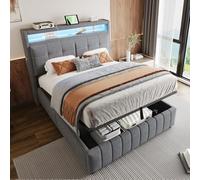 Letto imbottito 140 x 200 cm, con illuminazione a LED e presa USB, testiera con ripiani e vano portaoggetti, con vano portaoggetti idraulico con ripiani, letto matrimoniale per adulti con rete a doghe