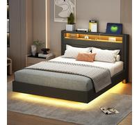 Letto imbottito (140 x 200 cm) con presa USB e luce LED, testiera reversibile, poggiapiedi nascosto, letto doppio, letto per ragazzi, letto per adulti, tessuto di lino grigio