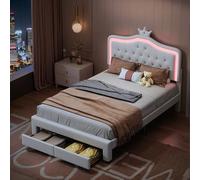 Letto imbottito 140 x 200 cm con rete a doghe, LED letto matrimoniale con cassetto portaoggetti, testiera regolabile in corona, telaio letto per bambini e adulti, pelle PU lanc (bianco PU, 140 x 200