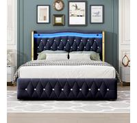 Letto imbottito 140 x 200 cm, gambe larghe con strisce luminose per una tenuta stabile, con illuminazione a LED che cambia colore, con idraulica per la conservazione, con accenti luminosi a rombi