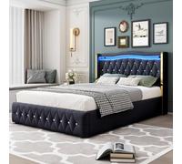 Letto imbottito 140 x 200 cm, gambe larghe con strisce luminose per una tenuta stabile, con illuminazione a LED che cambia colore, con idraulica per la conservazione, con accenti luminosi a rombi