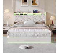 Letto imbottito 140 x 200 cm, letto idraulico con testiera e funzione di ricarica USB, struttura moderna con rete a doghe, stabile letto matrimoniale per camera da letto, senza materasso (beige, 140 x