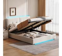 Letto imbottito 140 x 200 cm, letto matrimoniale con testiera LED, letto per ragazzi, letto piano, letto idraulico con rete a doghe in legno, beige, velluto, senza materasso (160 x 200)