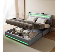 Letto imbottito 140 x 200 cm, letto matrimoniale con vano portaoggetti e rete a doghe, letto per ragazzi, letto idraulico con LED, funzione di caricamento e testiera imbottita aperta, in lino, grigio