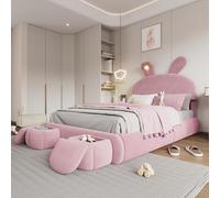 Letto imbottito, 140 x 200 cm, letto matrimoniale, letto idraulico, orecchie di coniglio con luminosità regolabile, strisce luminose color caldo, spazio sotto il letto, due sgabelli, velluto (rosa)