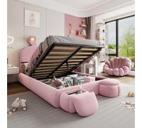 Letto imbottito, 140 x 200 cm, velluto, letto matrimoniale, letto idraulico, orecchie di coniglio con luminosità regolabile, strisce luminose color caldo, spazio sotto il letto, due sgabelli (rosa)