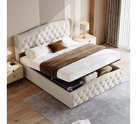 Letto imbottito 140 x 200, letto matrimoniale con spazio e rete a doghe, letto funzionale con testiera regolabile, letto idraulico, schienale letto, villi corti, senza materasso (beige, 140 x 200 cm)